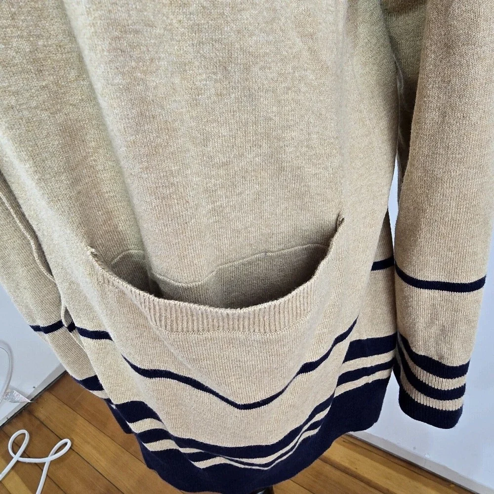 Duluth Trading Co Long Cardigan Sweater Women Lg Tan Navy Striped Knit Pockets